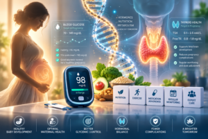 Conceptual graphic showing a blood glucose meter, thyroid icon, and molecular structure representing diabetes and thyroid health management during pregnancy.