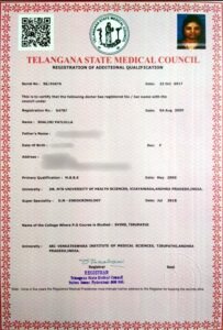 Dr Shalini Patlolla Telangana State Medical Council Registration Certificate DM Endocrinology SVIMS Tirupati